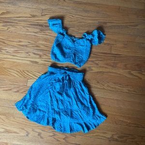 Blue and white polka dot shirt and skirt set